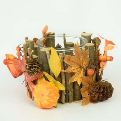 natural handicraft BSCI FSC Round Harvest artifical pumpkin decorative rustic wooden stick candle holder for home decor